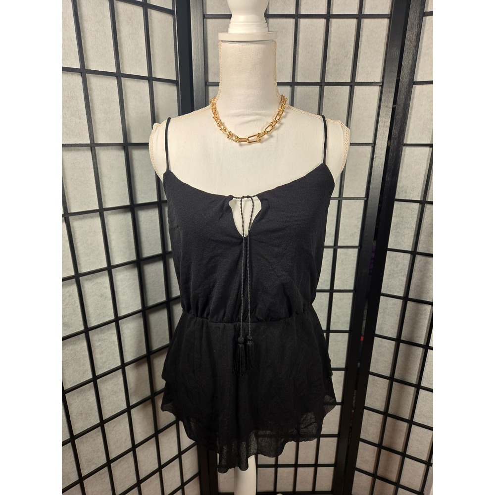 Westonβ Black Flirty Tank Top Tassel Keyhole Peplum Cami Medium NEW